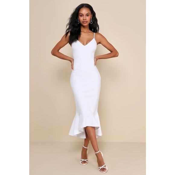 Lulus Stun Like Me White Bodycon Trumpet Hem Midi Dress Size XS - Picture 1 of 6